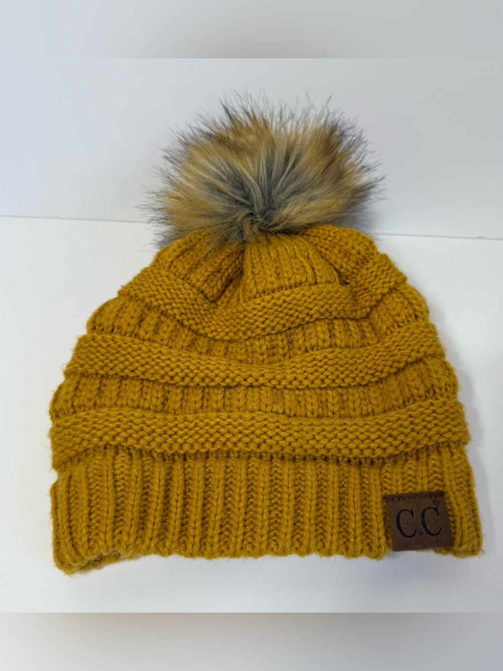 C.C. Mustard Yellow Cable Knit Faux Fur Pom Pom Beanie Winter Hat